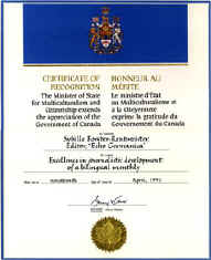 Award from the Minister of State for Multiculturalism and Citizenship, Canada